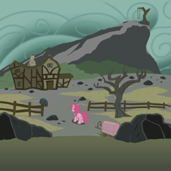 Size: 2000x2000 | Tagged: safe, artist:mafon, pinkie pie, earth pony, pony, g4, atg 2024, butt, cart, cloud, cloudy, facing away, female, high res, mare, newbie artist training grounds, overcast, plot, rock farm, solo, tree