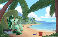 Size: 2660x1680 | Tagged: safe, artist:rivin177, oc, oc only, oc:eden shallowleaf, pegasus, pony, beach, blue sky, bucket, bush, chair, cloud, colored hooves, commission, commissioner:rainbowdash69, cooler, drink, drinking, food, glass, green coat, green hooves, green mane, green tail, hill, hooves, lemon, looking at you, ocean, palm tree, raised hoof, sand, scenery, shovel, sitting, solo, straw in mouth, tail, tea, tree, tropical, two toned mane, two toned tail, umbrella, water, waving, waving at you, wing hold, wings