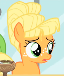 Size: 328x391 | Tagged: safe, screencap, applejack, earth pony, pony, g4, season 1, the cutie mark chronicles, alternate hairstyle, canterlot, cropped, cute, female, filly, filly applejack, foal, jackabetes, solo, younger