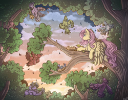 Size: 1286x1005 | Tagged: safe, artist:binibean, fluttershy, bird, pegasus, pony, g4, egg, female, mare, nest, solo, sunset, tree, tree branch, wings, wings down