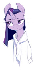 Size: 505x1059 | Tagged: safe, artist:blue ink, twilight sparkle, alicorn, pony, unicorn, g4, alternate hairstyle, bathrobe, clothes, female, frown, mare, robe, simple background, solo, spa robe, twilight sparkle (alicorn), unicorn twilight, wet, wet mane, white background