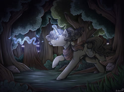 Size: 902x672 | Tagged: safe, artist:binibean, oc, oc only, pony, unicorn, aura, clothes, eyes in the dark, forest, glowing, glowing horn, horn, nature, running, scarf, solo, tree, windswept mane