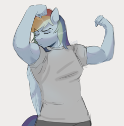 Size: 2545x2587 | Tagged: safe, artist:leonsken2, rainbow dash, pegasus, anthro, g4, bicep flex, eyes closed, female, gray background, high res, mare, muscles, muscular female, rainbuff dash, simple background, solo