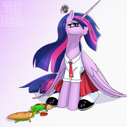 Size: 2000x2000 | Tagged: safe, artist:theuser, twilight sparkle, alicorn, pony, g4, angry, clothes, female, folded wings, food, gradient background, high res, indonesia, large wings, mare, older, older twilight, sandwich, school uniform, signature, sitting, solo, twilight sparkle (alicorn), uniform, wings