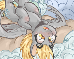 Size: 1476x1181 | Tagged: safe, artist:byondtotheinside, derpy hooves, pegasus, pony, g4, :o, cloud, colored pinnae, complex background, derp, digital art, digital painting, eyebrows, eyebrows visible through hair, female, floating eyebrows, gray coat, lying down, mare, on back, open mouth, raised eyebrow, solo, spread wings, upside down, wings, yellow eyes, yellow mane