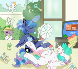 Size: 4189x3680 | Tagged: safe, artist:ruto_me, princess celestia, princess luna, spike, alicorn, cat, dragon, pony, g4, belly, belly fluff, blame my sister, butterfly net, cheek bulge, chest fluff, clothes, controller, cute, cutelestia, ear fluff, eating, fan, female, floppy ears, food, frog (hoof), hat, herbivore, hoofbutt, human shoulders, ice cream, japanese, levitation, lunabetes, lying down, magic, magic aura, male, mare, on back, ponytail, popsicle, round belly, royal sisters, shaved ice, shirt, siblings, sisters, sitting, spikabetes, spoon, super mario bros., sweat, sweatdrop, sweatdrops, sweating profusely, t-shirt, telekinesis, television, trio, underhoof, watermelon, wind chime