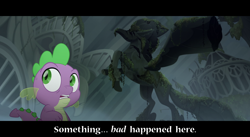 Size: 1280x700 | Tagged: safe, edit, edited screencap, screencap, spike, classical hippogriff, dragon, hippogriff, g4, my little pony: the movie, caption, looking back, male, solo, statue, text