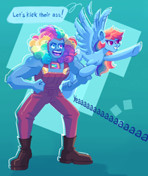 Size: 1324x1573 | Tagged: safe, artist:irisikiki, rainbow dash, gem (race), pegasus, pony, g4, bismuth, bismuth (steven universe), boots, clothes, crossover, dialogue, duo, duo female, female, furrowed brow, gem, gradient background, grin, heterochromia, mare, open mouth, open smile, overalls, shoes, smiling, steven universe, steven universe future, steven universe: the movie