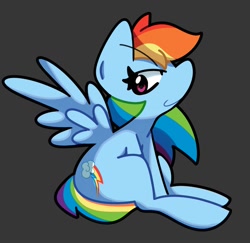 Size: 1392x1354 | Tagged: safe, artist:kindakismet, rainbow dash, pegasus, pony, g4, dark background, gray background, side view, simple background, sitting, smiling, solo