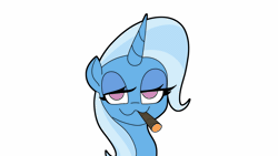 Size: 1920x1080 | Tagged: safe, artist:ponconcarnal, derpibooru exclusive, trixie, pony, unicorn, g4, :3, animated, bust, drugs, female, horn, looking at you, marijuana, silly, simple background, smiling, smoking, solo, uwu, white background