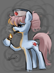 Size: 2361x3171 | Tagged: safe, artist:londynlittleartist, nurse redheart, earth pony, pony, g4, abstract background, cigarette, high res, hoof hold, lidded eyes, lighter, signature, smoking, solo