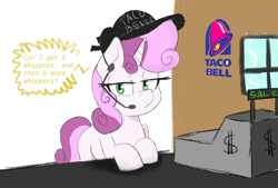 Size: 2472x1674 | Tagged: safe, artist:psychotix, sweetie belle, pony, unicorn, g4, cap, cash register, cashier, disappointed, earpiece, fast food, female, filly, foal, food, hat, horn, lidded eyes, looking at you, microphone, pun, restaurant, solo, speech, sweetie belle is not amused, taco, taco bell, taco belle, talking, unamused, window