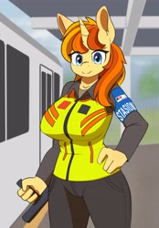 Size: 2855x4096 | Tagged: safe, artist:zeroonesunray, oc, oc only, oc:tulip line, unicorn, anthro, baton, clothes, horn, looking at you, security guard, smiling, smiling at you, solo, station security, train station, uniform