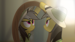 Size: 1998x1127 | Tagged: safe, artist:equestriaexploration, daring do, pony, g4, atg 2024, hat, mirror, newbie artist training grounds, pith helmet, solo