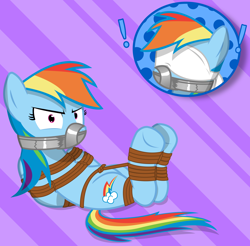 Size: 2200x2162 | Tagged: safe, artist:cardshark777, rainbow dash, pegasus, pony, g4, angry, blindfold, bondage, bound and gagged, bound wings, digital art, exclamation point, female, femsub, gag, glare, helpless, hooves behind back, looking at you, lying down, mare, multicolored hair, panel, rainbond dash, rainbow dash is not amused, rainbow hair, rope, rope bondage, shading, solo, submissive, tape, tape gag, unamused, wings