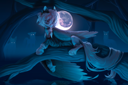 Size: 3000x2000 | Tagged: safe, artist:unt3n, oc, oc only, unnamed oc, ghost, pegasus, pony, undead, collar, frown, high res, lying down, moon, pegasus oc, prone, reflection, solo, tree branch, water