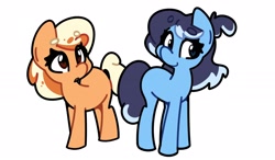 Size: 2330x1360 | Tagged: safe, artist:kindakismet, earth pony, pony, bingo heeler, blank flank, bluey, bluey heeler, cute, duo, duo female, eye clipping through hair, female, filly, foal, ponified, siblings, simple background, sisters, smiling, standing, white background