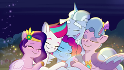 Size: 1920x1080 | Tagged: safe, screencap, alphabittle blossomforth, misty brightdawn, pipp petals, queen haven, zipp storm, earth pony, pegasus, pony, unicorn, g5, my little pony: tell your tale, swing and a misty, spoiler:g5, spoiler:my little pony: tell your tale, spoiler:tyts02e14, family, female, group hug, hug, male, mare, night, royal sisters (g5), siblings, sisters, stallion