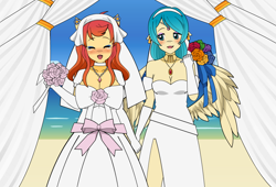 Size: 896x610 | Tagged: safe, artist:shitsandgiggles, aunt holiday, auntie lofty, earth pony, pegasus, anthro, g4, clothes, dress, duo, duo female, female, kisekae, lesbian, marriage, pride, ship:lofty day, shipping, wedding, wedding dress