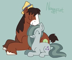 Size: 2048x1710 | Tagged: safe, artist:naggfruit, marble pie, trouble shoes, earth pony, pony, g4, crack shipping, cute, duo, duo male and female, eyes closed, female, hat, lying down, male, marblebetes, marbleshoes, mare, prone, shipping, signature, simple background, size difference, smiling, stallion, straight, troublebetes, unshorn fetlocks, when he smiles, when she smiles
