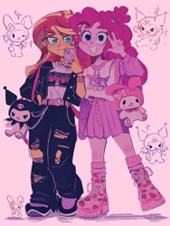 Size: 1536x2048 | Tagged: safe, alternate version, artist:dreamz, pinkie pie, sunset shimmer, human, rabbit, equestria girls, g4, animal, blush sticker, blushing, cellphone, clothes, duo, duo female, ear piercing, eyebrows, female, harajuku, kuromi, looking at you, my melody, pants, peace sign, phone, piercing, pink background, platform boots, ripped pants, sanrio, shadow, simple background, smiling, smiling at you, sparkles, torn clothes