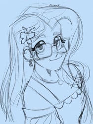 Size: 1536x2048 | Tagged: safe, artist:dreamz, fluttershy, equestria girls, g4, clothes, commission, cute, dress, ear piercing, earring, female, glasses, jewelry, necklace, piercing, pink background, shyabetes, simple background, sketch, solo, wip