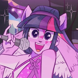 Size: 2048x2048 | Tagged: safe, artist:dreamz, twilight sparkle, human, equestria girls, g4, my little pony equestria girls: rainbow rocks, perfect day for fun, bare shoulders, bust, female, looking at you, microphone, open mouth, open smile, pony ears, rainbow rocks outfit, scene interpretation, signature, smiling, smiling at you, solo, sparkles, wings