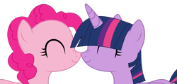 Size: 3180x1530 | Tagged: safe, artist:mint-light, artist:twilyisbestpone, pinkie pie, twilight sparkle, alicorn, earth pony, pony, g4, base used, boop, cute, diapinkes, duo, duo female, eyes closed, female, lesbian, love, mare, nose wrinkle, noseboop, nuzzling, ship:twinkie, shipping, simple background, smiling, transparent background, twiabetes, twilight sparkle (alicorn)