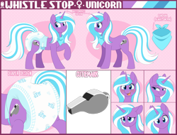 Size: 4827x3666 | Tagged: safe, artist:shuphle, oc, oc only, oc:whistle stop, pony, unicorn, bandana, butt, color palette, cutie mark, diaper, diaper butt, diaper fetish, expressions, female, female symbol, fetish, horn, inset, looking forward, mare, non-baby in diaper, open mouth, open smile, plot, poofy diaper, raised hoof, reference sheet, side view, smiling, solo, tail, tail hole, unicorn oc