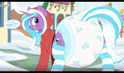 Size: 3556x2099 | Tagged: safe, artist:shuphle, oc, oc only, oc:whistle stop, pony, unicorn, g4, adorasexy, beautiful, beautiful eyes, beauty, butt, christmas, christmas eve, clothes, coat, cold, cold weather, cute, cute eyes, diaper, diaper fetish, diapered, female, fetish, hearth's warming, hearth's warming eve, holiday, hoodie, horn, impossibly large diaper, jacket, jolly, looking back, mare, non-baby in diaper, plot, ponyville, poofy diaper, sexy, snow, snowfall, snowy, socks, speech bubble, striped socks, tail, tail hole, village, weather, white diaper, winter