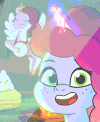 Size: 682x826 | Tagged: safe, screencap, cloudpuff, misty brightdawn, pipp petals, pegasus, pony, unicorn, g5, my little pony: tell your tale, swing and a misty, spoiler:g5, spoiler:my little pony: tell your tale, spoiler:tyts02e14, adorapipp, animated, banjo, campfire, cloudbetes, cute, female, horn, mistybetes, musical instrument, night, open mouth, selfie, singing