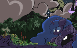 Size: 1411x877 | Tagged: safe, artist:ponny, princess luna, alicorn, pony, g4, canterlot, cloud, colored, forest, moon, nature, night, sad, solo, tree, water