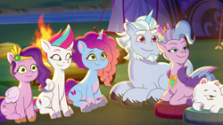 Size: 1280x720 | Tagged: safe, screencap, alphabittle blossomforth, cloudpuff, misty brightdawn, pipp petals, queen haven, zipp storm, dog, flying pomeranian, pegasus, pomeranian, unicorn, g5, my little pony: tell your tale, swing and a misty, spoiler:g5, spoiler:my little pony: tell your tale, spoiler:tyts02e14, campfire, cloudbetes, cute, female, horn, lying down, male, mare, mistybetes, pipp is short, prone, royal sisters (g5), siblings, sisters, sitting, stallion, winged dog