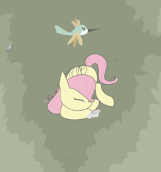 Size: 2170x2322 | Tagged: safe, artist:tkshoelace, fluttershy, bird, ferret, parasprite, pegasus, pony, rabbit, g4, animal, eyes closed, folded wings, lying down, sleeping, solo, wings