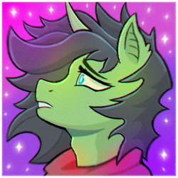 Size: 894x894 | Tagged: safe, artist:dark-zefir, oc, oc only, pony, unicorn, g4, abstract background, blue eyes, bust, clothes, commission, digital art, ear fluff, eyebrows, female, floppy ears, gradient background, gradient mane, green, horn, male, night, open mouth, open smile, portrait, shiny mane, short mane, signature, smiling, solo, space, sparkly eyes, stallion, starry background, stars, straight, two toned mane, unicorn horn, unicorn oc, wind, wingding eyes, ych result, your character here