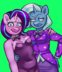 Size: 1208x1420 | Tagged: safe, artist:zigmeow, starlight glimmer, trixie, unicorn, anthro, g4, assistant, bipedal, blushing, bunny suit, clothes, erect nipples, female, horn, lesbian, magician outfit, nipple outline, ship:startrix, shipping