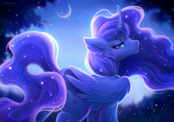 Size: 2000x1410 | Tagged: safe, artist:scheadar, princess luna, alicorn, pony, g4, blue eyes, blue mane, blue tail, chromatic aberration, concave belly, crepuscular rays, crescent moon, curved horn, digital art, empress, ethereal mane, ethereal tail, eyelashes, feather, female, flowing mane, flowing tail, folded wings, forest, glowing, grass, horn, large wings, lidded eyes, looking at you, mare, moon, moonlight, nature, night, raised hoof, signature, sketch, sky, slender, solo, sparkles, starry mane, starry tail, stars, sternocleidomastoid, tail, thin, tree, walking, wings