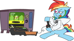 Size: 1195x659 | Tagged: safe, artist:threetwotwo32232, daring do, rainbow dash, pegasus, pony, g4, atari 2600, atg 2024, female, mare, newbie artist training grounds, pitfall, simple background, solo, television, transparent background