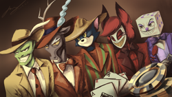 Size: 2732x1537 | Tagged: safe, artist:musical ray, discord, cat, demon, draconequus, human, undead, anthro, g4, ace of spades, alastor, beautiful, bowtie, clothes, crossover, cuphead, dapper, deer demon, dripcord, fancy, featured image, fedora, grin, hat, hazbin hotel, hellaverse, king dice, male, object head, overlord demon, playing card, poker chips, sinner demon, smiling, suit, that's entertainment, the mask, tom and jerry, tom cat, tumblr sexyman, zoot suit