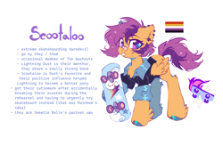 Size: 3600x2360 | Tagged: safe, artist:mirtash, part of a set, scootaloo, pegasus, pony, g4, alternate hairstyle, alternate universe, bandaid, bandaid on nose, blue hooves, blue pupils, clothes, colored eyelashes, colored hooves, colored pupils, ear fluff, ear piercing, earring, eye clipping through hair, eyebrows, eyebrows visible through hair, gender headcanon, grin, hooves, implied lightning dust, implied scootabelle, implied sweetie belle, jewelry, leg fluff, lesbian pride flag, nonbinary, nonbinary lesbian, nonbinary lesbian pride flag, nonbinary pride flag, older, older scootaloo, piercing, pride, pride flag, purple eyelashes, reference sheet, shiny eyes, shirt, simple background, skateboard, smiling, solo, sparkly mane, sparkly tail, star earring, starry eyes, tail, teal eyes, time skip, two toned mane, two toned tail, unshorn fetlocks, white background, wingding eyes