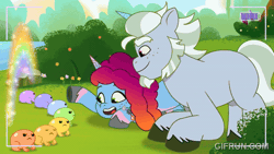 Size: 520x293 | Tagged: safe, screencap, alphabittle blossomforth, misty brightdawn, frog, pony, unicorn, g5, my little pony: tell your tale, swing and a misty, spoiler:g5, spoiler:my little pony: tell your tale, spoiler:tyts02e14, animated, camera shot, cute, father and child, father and daughter, female, gif, gifrun.com, happy, head pat, horn, male, mare, mistybetes, open mouth, open smile, pat, patting, petting, rainbow, rebirth misty, recording, smiling, stallion, unamused