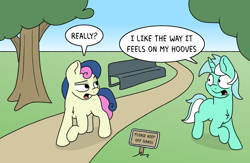 Size: 1840x1200 | Tagged: safe, artist:doodledonutart, bon bon, lyra heartstrings, sweetie drops, earth pony, pony, unicorn, g4, atg 2024, bench, chest fluff, dialogue, dirt road, duo, duo female, female, first world anarchist, fuck the police, horn, l.u.l.s., looking at each other, looking at someone, mare, newbie artist training grounds, path, pure unfiltered evil, sign, tree