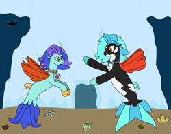 Size: 2895x2263 | Tagged: safe, artist:supahdonarudo, oc, oc only, oc:icebeak, oc:sea lilly, seapony (g4), atg 2024, bubble, camera, coral, dorsal fin, duo, entrance, fin, fin wings, fins, fish tail, flowing mane, ice, jewelry, looking at each other, looking at someone, necklace, newbie artist training grounds, ocean, open mouth, silhouette, swimming, tail, underwater, water, wings