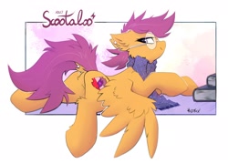 Size: 2048x1471 | Tagged: safe, alternate version, artist:kejifox, scootaloo, pegasus, pony, g4, book, butt, chest fluff, clothes, dock, dock piercing, ear piercing, female, fluffy, glasses, looking back, lying down, mare, nerd, older, older scootaloo, piercing, plot, scarf, scootabutt, scootanerd, sfw version, solo, spread wings, tail, tail piercing, the cmc's cutie marks, wings