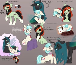 Size: 3500x3000 | Tagged: safe, artist:_ladybanshee_, artist:ladyfablevt, coco pommel, queen chrysalis, oc, oc:poppy playwright, changeling, changeling queen, earth pony, pony, unicorn, g4, alternate universe, asked for no pickles, canon x oc, changing hearts, crying, eye clipping through hair, fangs, female, headcanon, heartbreak, horn, hug, in love, lesbian, lgbt headcanon, mare, meme, rarepair, ship:cocobug, shipping, sketch, sketch dump, sleeping, thought bubble, trio, wholesome