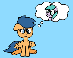 Size: 1111x874 | Tagged: safe, artist:gillianthecreator36, aura (g4), first base, earth pony, pegasus, pony, g4, adorabase, aurabetes, best friend, blue background, cute, ears, female, female first base, filly, floppy ears, foal, frown, rule 63, sad, sadbase, sadorable, simple background, sitting, smiling, thinking, thought bubble, varying degrees of want, wish