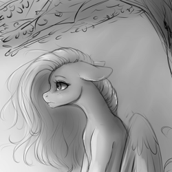 Size: 4000x4000 | Tagged: safe, artist:miokomata, fluttershy, pegasus, pony, g4, female, floppy ears, flowing mane, freckles, freckleshy, frown, grayscale, mare, monochrome, solo, tree