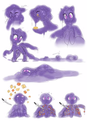 Size: 2980x4117 | Tagged: safe, artist:blazingstred, oc, oc:jellene, goo, goo pony, original species, blocks, bubble, confused, eating, happy, laughing, looking at you, looking down, looking up, munching, ooze, purple mane, sad, sketch, sketch dump, slime, sword, trail, weapon