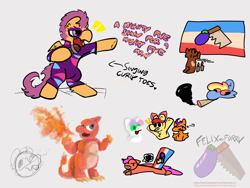 Size: 2160x1620 | Tagged: safe, artist:felixmcfurry, apple bloom, rainbow dash, scootaloo, sweetie belle, oc, oc:dukedepthstar, oc:freddie, charmeleon, earth pony, pegasus, unicorn, g4, the show stoppers, ..., :p, calm before the storm perchance drama lover flag, candle, cbts pdl flag, colored, curly toes (song), cutie mark crusaders, drug use, drugs, earth pony oc, exclamation point, fire, fire breath, flag, flag over shoulder, flat colors, horn, lostwave, marijuana, pokémon, praying, singing, sketch, sketch dump, tongue out, unreadable text, watermark, weird description