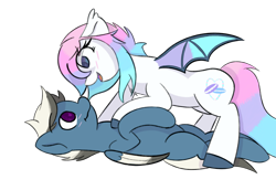Size: 4096x2821 | Tagged: safe, artist:riley_draws_, oc, oc only, oc:cumulus, oc:sugar cookie, bat pony, pegasus, pony, bat pony oc, bat wings, bedroom eyes, blushing, chest fluff, colorful, couple, dominant, domination, duo, duo male and female, female, flank, lying down, male, mare, oc x oc, on back, on top, pegasus oc, pegasus wings, shipping, simple background, stallion, straight, submissive, tail, transparent background, wings